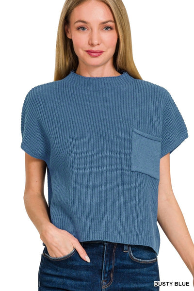 Washed Mock Neck Short Sleeve Cropped Sweater