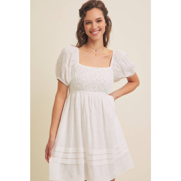 AIRY COTTON GAUZE CROCHET MINI DRESS WITH SMOCKED BACK: OPTIC WHITE / S - Lulu Bella Boutique