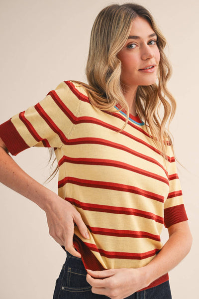 STRIPED SHORT SLEEVE SWEATER MSW11335: LEMON SIENNA / S - Lulu Bella Boutique