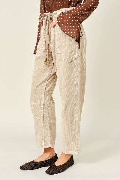 BARREL CORDUROY PANTS WITH EYELET WAIST: DOVE