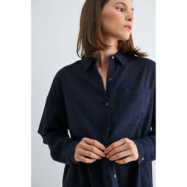 LINEN DROP SHOULDER SHIRT: Navy / S-M-L(2-2-2) - Lulu Bella Boutique