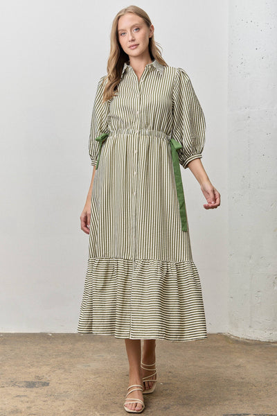 STRIPED CONTRAST SIDE RIBBON MIDI DRESS: OLIVE/CREAM - Lulu Bella Boutique