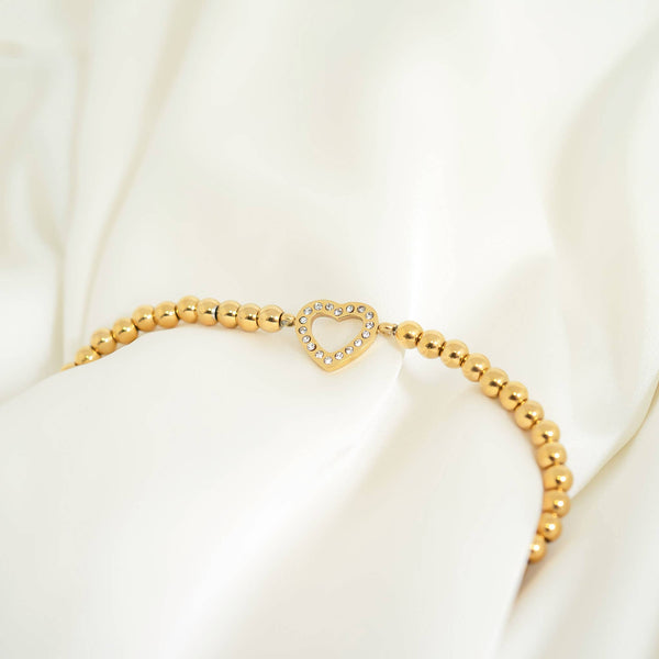 18K Gold PVD Stainless Steel Stone Heart Metal Beaded Stretch Bracelet: Gold