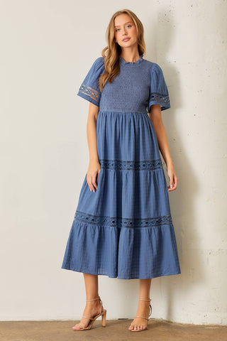 Smocked Bodice Maxi Dress W/ Lace Trim