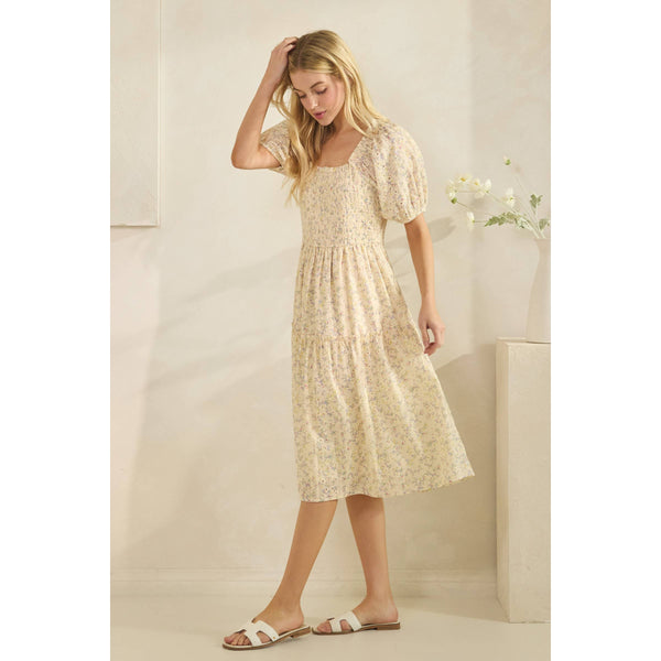 DITZY PRINT HALF SLEEVE SMOCKING DETAIL MIDI DRESS: YELLOW COMBO - Lulu Bella Boutique