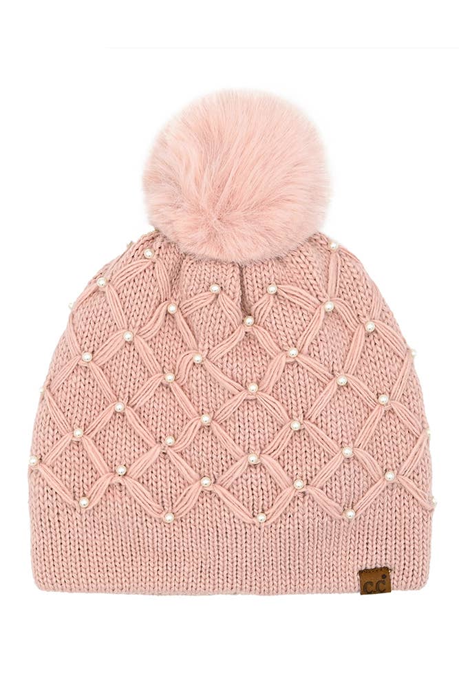 C.C Allover Pearl Crochet Pom Beanie: Rose