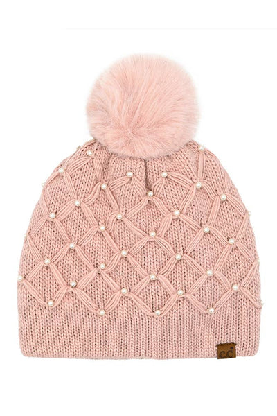 C.C Allover Pearl Crochet Pom Beanie: Light Gray