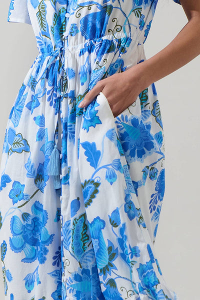 Samian Floral Kissa Button Down Maxi Dress: WHITE-BLUE-GREEN / S