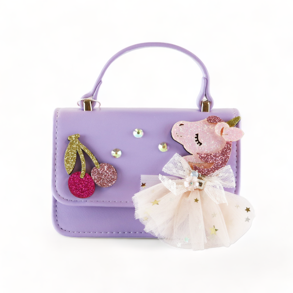 B1302 Unicorn & Cherry Applique Purse (6 Colors): Fuchsia