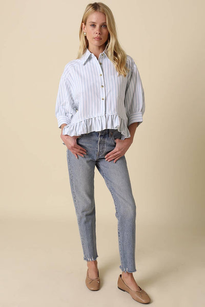 Mattie Striped Ruffle Hem Top: Blue White Stripe / Contemporary / S - Lulu Bella Boutique