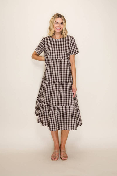 Plaid Flowy Tiered Midi Dress: Brown/Taupe / S - Lulu Bella Boutique