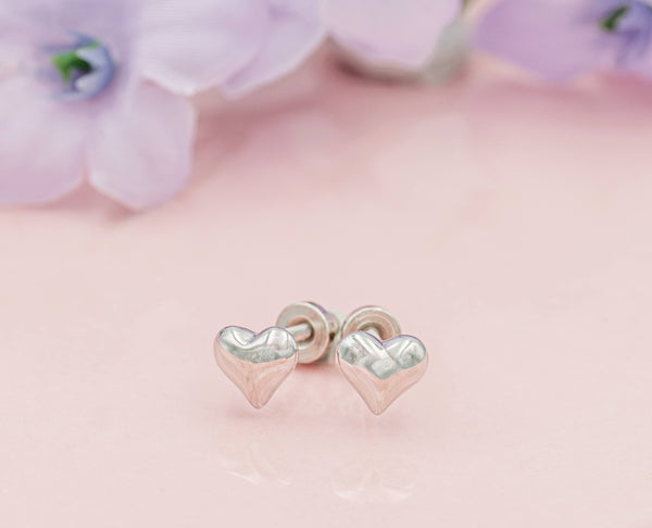 Sterling Silver Girls Puff Heart Earrings for Valentine Gift