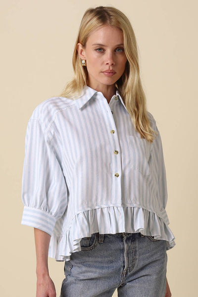 Mattie Striped Ruffle Hem Top: Blue White Stripe / Contemporary / S - Lulu Bella Boutique