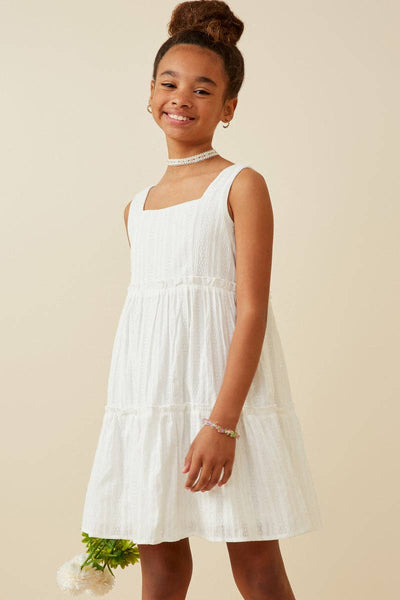 Girls Textured Square Neck Ruffle Tiered Dress: Off White / S - Lulu Bella Boutique