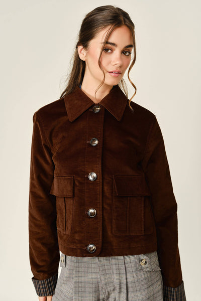 OXFORD CORDUROY BUTTON PLAID JACKET: BROWN