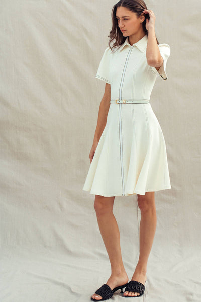 Contrast Stitch Zip Front Knit Mini Dress Belted: IVORY / S-M-L:2-2-2 - Lulu Bella Boutique
