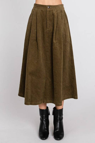 SOLID CORDUROY MIDI SKIRT W/ PLEATED DETAILS: OLIVE