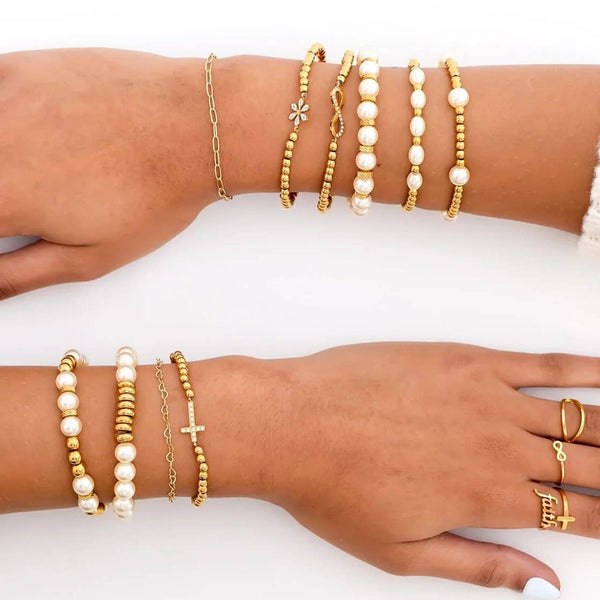 18K Gold PVD 8mm Kiska Glass Pearl Stretch Bracelet: Gold