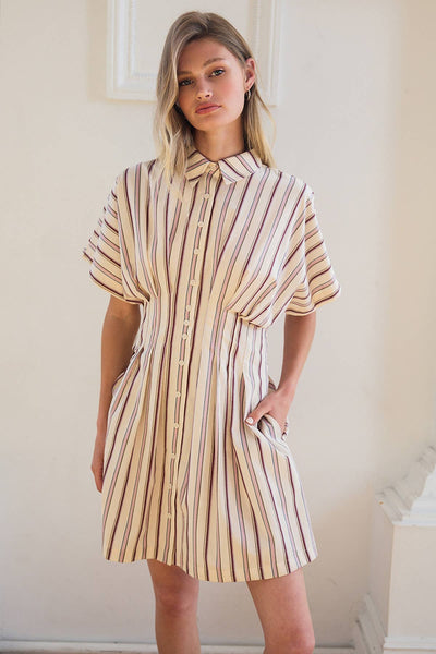 Stripe Dolman-Sleeve Button-Front Mini Dress - RD1361: CREAM PLUM STRIPE / S-M-L (3-2-1) - Lulu Bella Boutique