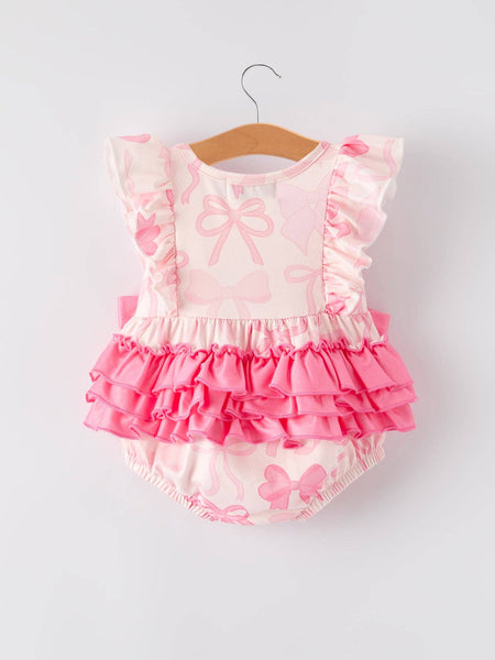 Girls Pink Bow Print Romper: 18M - Lulu Bella Boutique