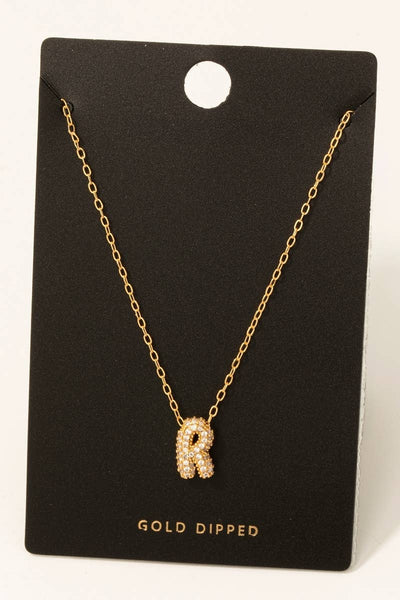 Gold Dipped Cz Pave Bubble Letter Pendant Necklace: R - Lulu Bella Boutique