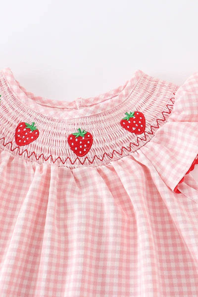 Baby Girls Strawberry Embroidered Plaid Smocked Dress: 5 - Lulu Bella Boutique