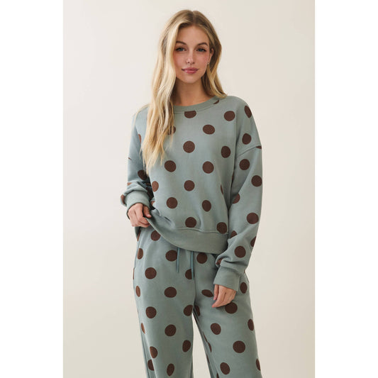 Polka Dot Crew Neck Sweatshirt: Sage/Brown