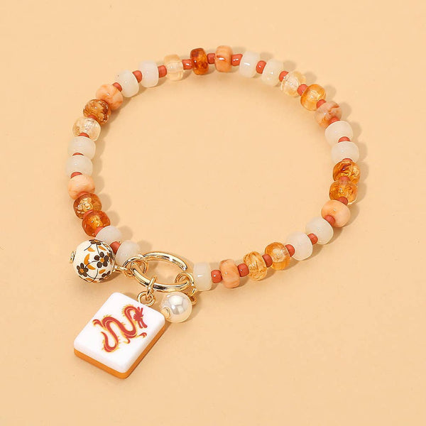 Mahjong Tile Charm Pearl Floral Bead Ball Accent Beaded Stretch Bracelet: Blue,Gold - Lulu Bella Boutique