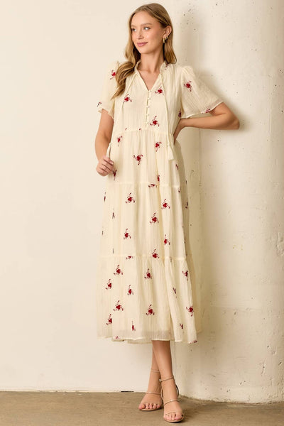 PRINTED MAXI DRESS WITH TASSEL: IVORY/RED - Lulu Bella Boutique