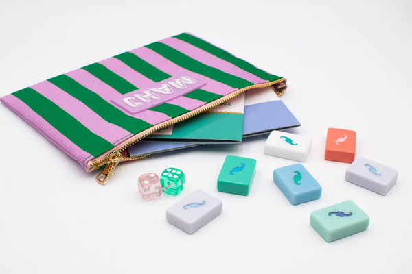 Premium Mahjong Card & Accessory Bag: Stripes- Purple & Green Card & Accessory Bag