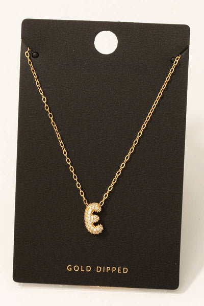 Gold Dipped Cz Pave Bubble Letter Pendant Necklace: E - Lulu Bella Boutique