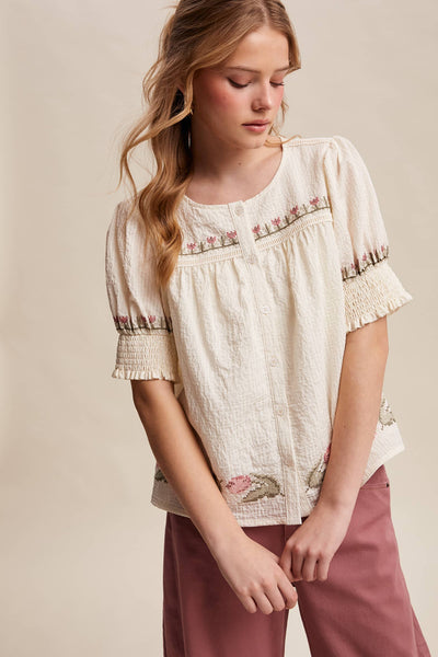 Embroidered Textured Puff-Sleeve Blouse LT1463: Off-White / Contemporary / S - Lulu Bella Boutique