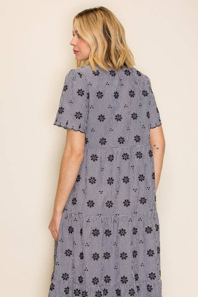 Gingham Embroidered Babydoll Midi Dress: Black/Ivory