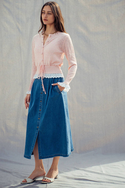 Button-Front Denim Midi Skirt: DENIM / S-2/M-2/L-2 - Lulu Bella Boutique