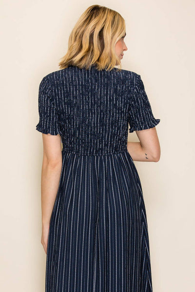 Smocked Bodice Button-Down Dress: Navy / S - Lulu Bella Boutique