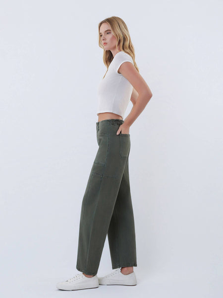 SUPER HIGH RISE ELASTIC WAISTBAND BARREL JEANS: DEEP FOREST - Lulu Bella Boutique