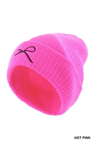 Coquette Bow Embroidered Knitted Beanie: HOT PINK