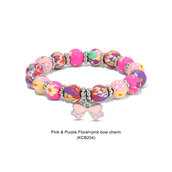 Kids Clay Beaded Stretch Charm Bracelets : Pink & Purple Floral+pink bow charm (KCB204) - Lulu Bella Boutique