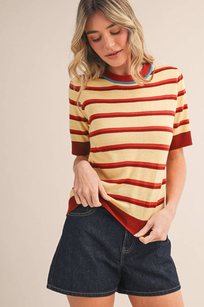 STRIPED SHORT SLEEVE SWEATER MSW11335: LEMON SIENNA / S - Lulu Bella Boutique