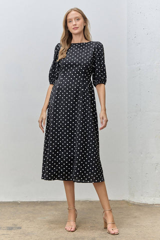Classic Polka Dot Puff Sleeve Midi Dress: BLACK/IVORY
