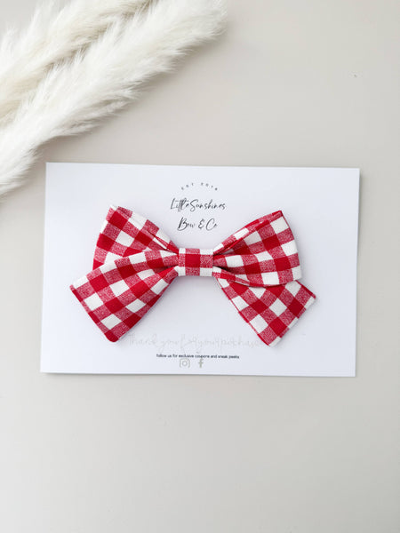 Red Gingham 4th of July Pinwheel Hair Bow: Nylon Headband - Lulu Bella Boutique