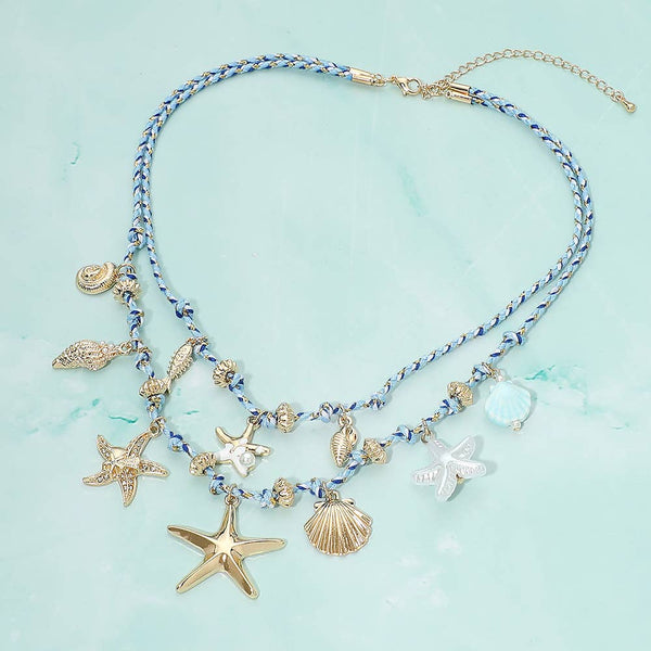 Seashell Pearl Starfish Shell Charm Station Double Layered Cord Necklace - Lulu Bella Boutique