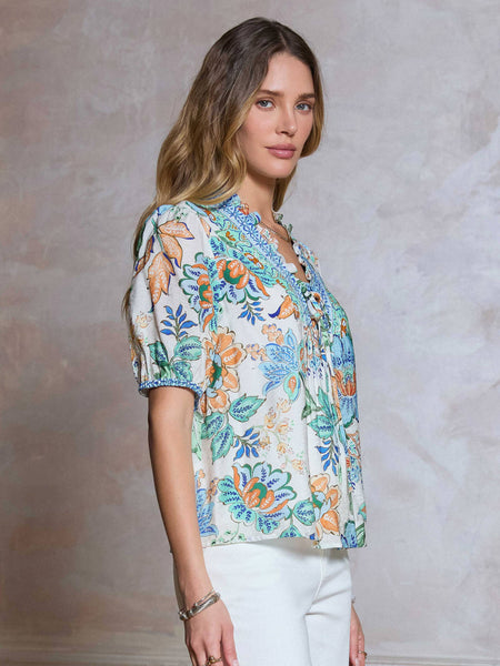 Floral Printed Short Sleeve Blouse: Blue Mlt / XS - Lulu Bella Boutique