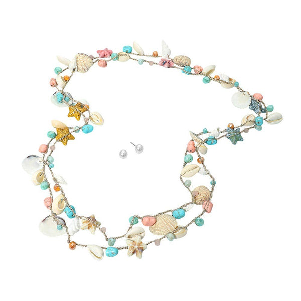 Seashell Starfish Natural Stone Charm Station Layered Statement Long Necklace - Lulu Bella Boutique