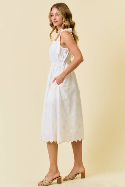 EMBROIDERED SCALLOP EYELET TIE SHOULDER MIDI DRESS - 28286D: IVORY/NATURAL / S - Lulu Bella Boutique