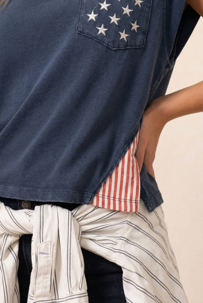 250th USA star pocket stripe side tank: NAVY / S - Lulu Bella Boutique
