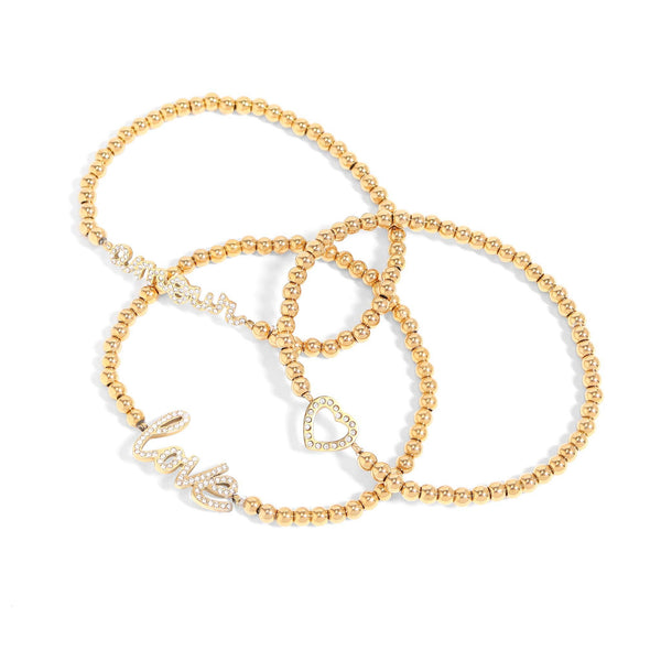 18K Gold PVD Stainless Steel Stone Heart Metal Beaded Stretch Bracelet: Gold