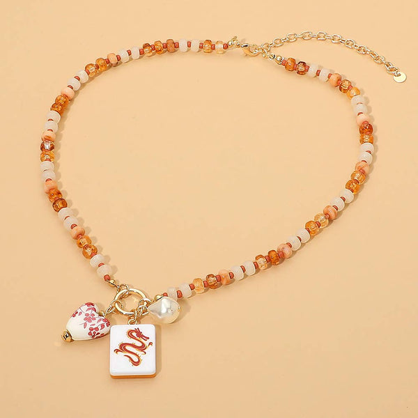 Mahjong Tile Charm Pearl Floral Bead Ball Charm Pendant Beaded Necklace: Gold,Pink