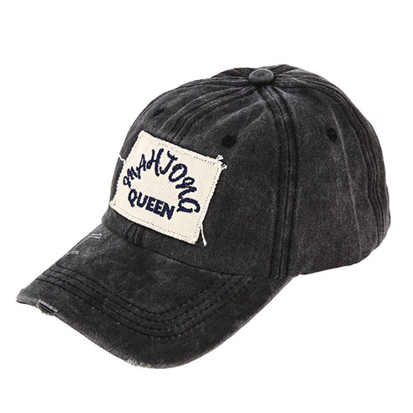 Mahjong Queen Message Patch Vintage Distressed Baseball Cap: Black
