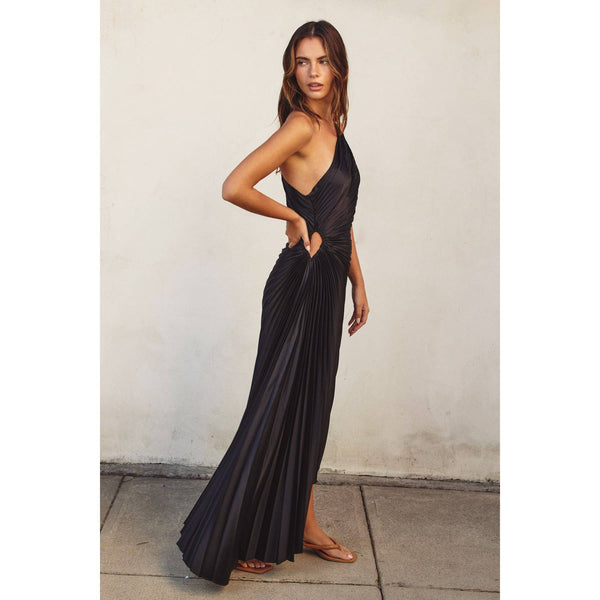 Satin One Shoulder Asymmetrical Pleated Dress: BLACK